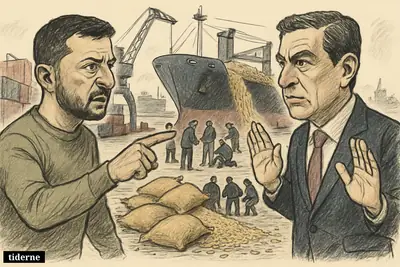 Zelenskyj and Gideon Sa'ar confront each other on Haifa docks beside a grain-laden cargo ship and torn sacks of wheat.