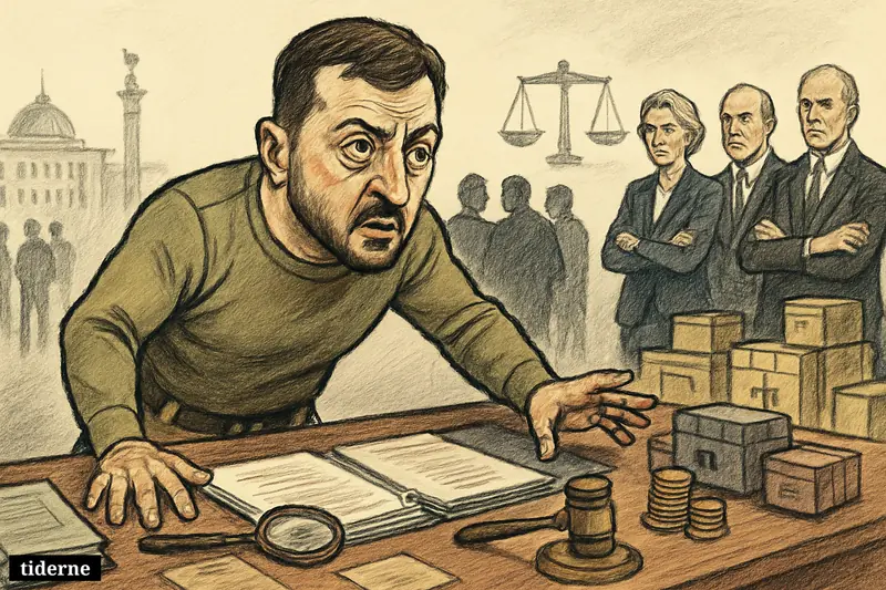 Caricature of Zelenskyj at a desk under pressure, with suspicious aides, EU observers, aid crates, legal symbols, and Kyiv buildings behind.