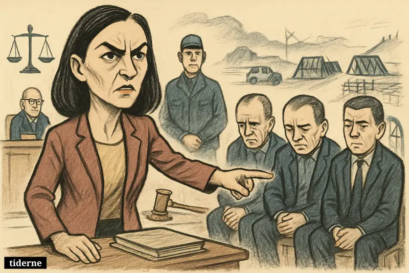 Albulena Haxhiu stands sternly in a courtroom facing three convicted men, with legal symbols and Banjska conflict references behind them.