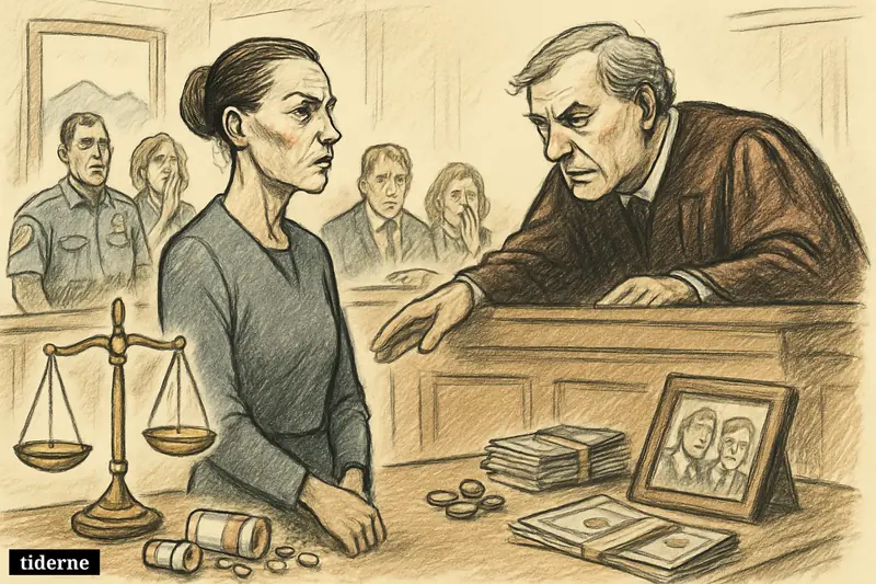Courtroom caricature of a woman receiving a life sentence, with judge, deputies, pills, cash, and grieving observers in a Utah setting.