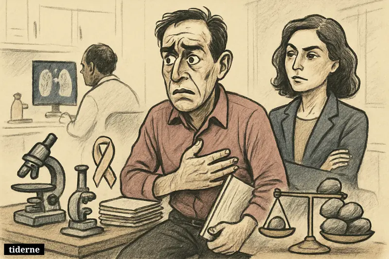 A worried man and a calmer woman in a clinic, with medical props and a weighted scale suggesting higher cancer risk for men.