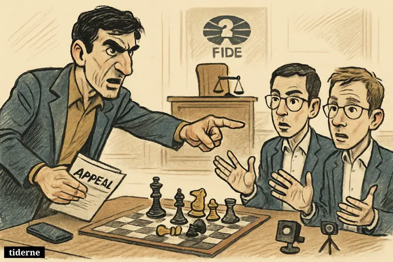 Caricature of Vladimir Kramnik accusing two chess grandmasters across a chessboard as a disciplinary panel and suspension symbols loom behind them.