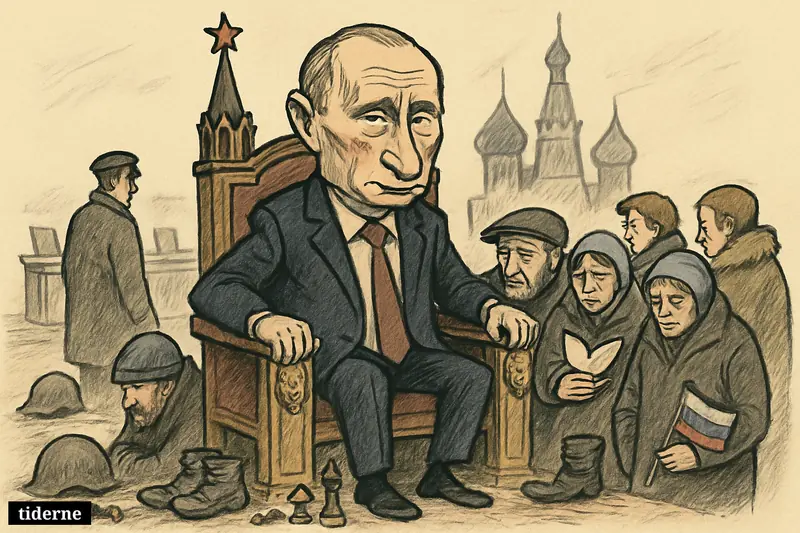 Caricature of Vladimir Putin on a throne above exhausted civilians, with war debris, chess pieces, and Kremlin towers suggesting weakening support.