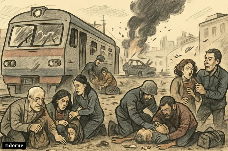 A damaged commuter train near Kerch and a blast-hit Simferopol street with civilians, responders, debris, smoke, and scenes of wartime panic.