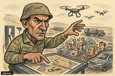 Caricature of Robert Brovdi directing drone strikes as drivers queue at empty fuel pumps and stalled tank trucks on Crimea supply routes.
