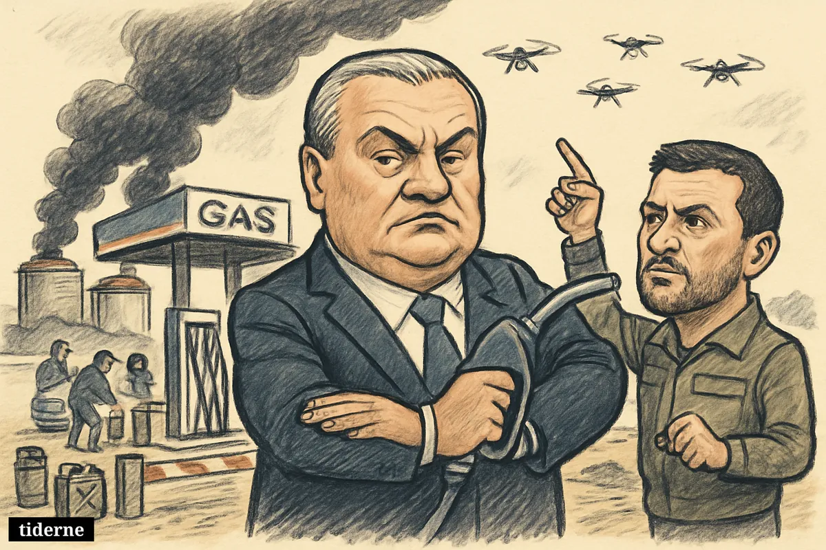 Aksyonov blocks fuel pumps at a Crimean gas station while Zelenskyj points toward drones and burning oil tanks in the background.