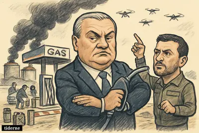 Aksyonov blocks fuel pumps at a Crimean gas station while Zelenskyj points toward drones and burning oil tanks in the background.