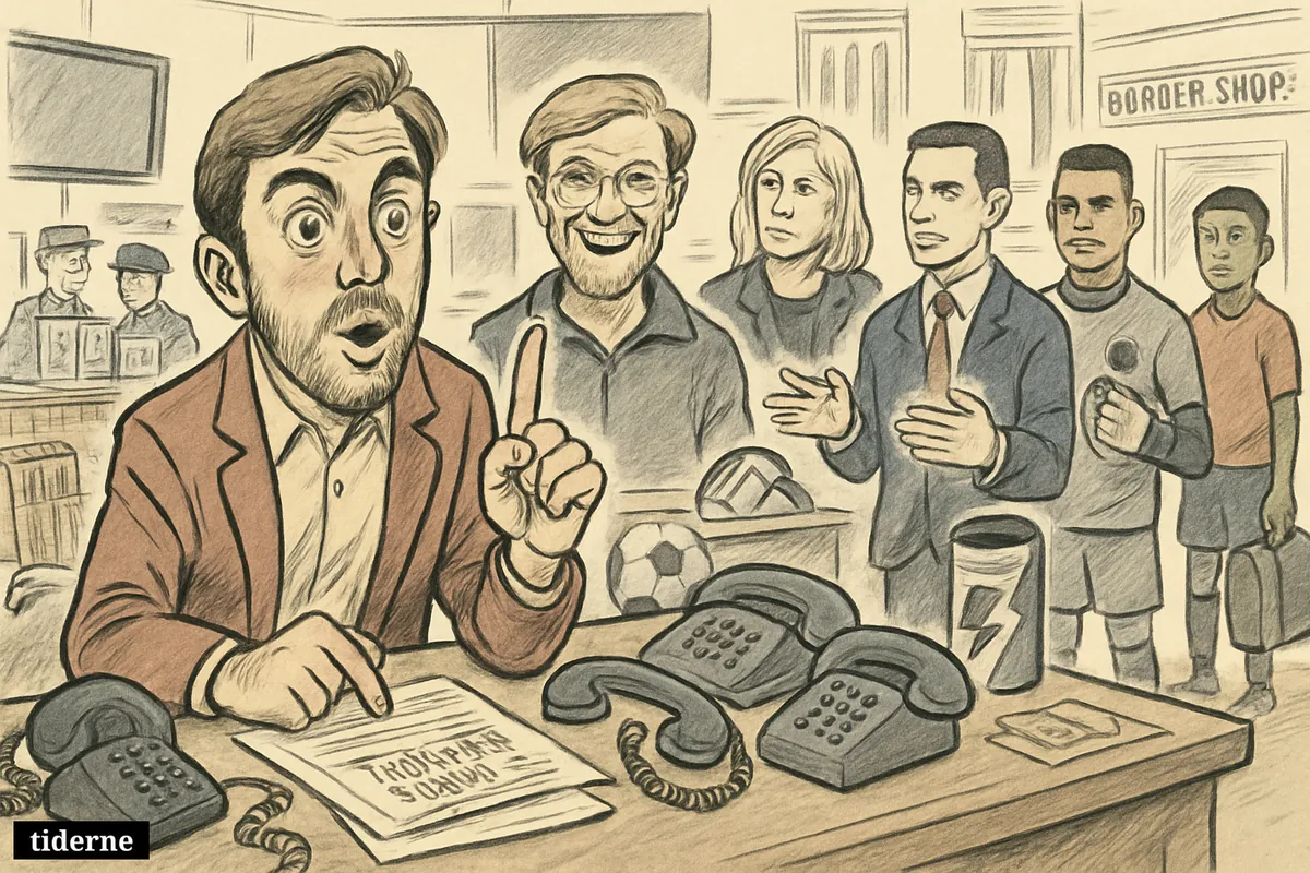 Caricature newsroom scene with football figures, French politicians, police investigators, and food recall props gathered in one busy landscape composition. (AI-genereret illustration)