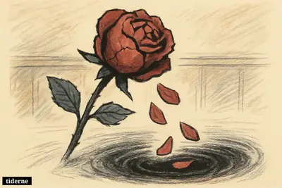 A fractured deep-red rose drops glowing petals into a black swirling void on a dark background