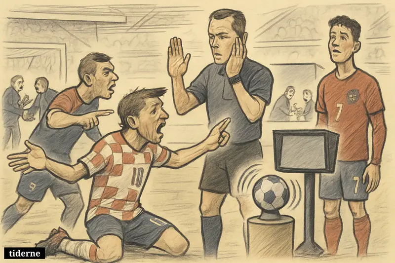 Caricature football stadium scene with protesting Croatia players, a referee consulting VAR, and a sensor-tracked match ball after a disputed decision.
