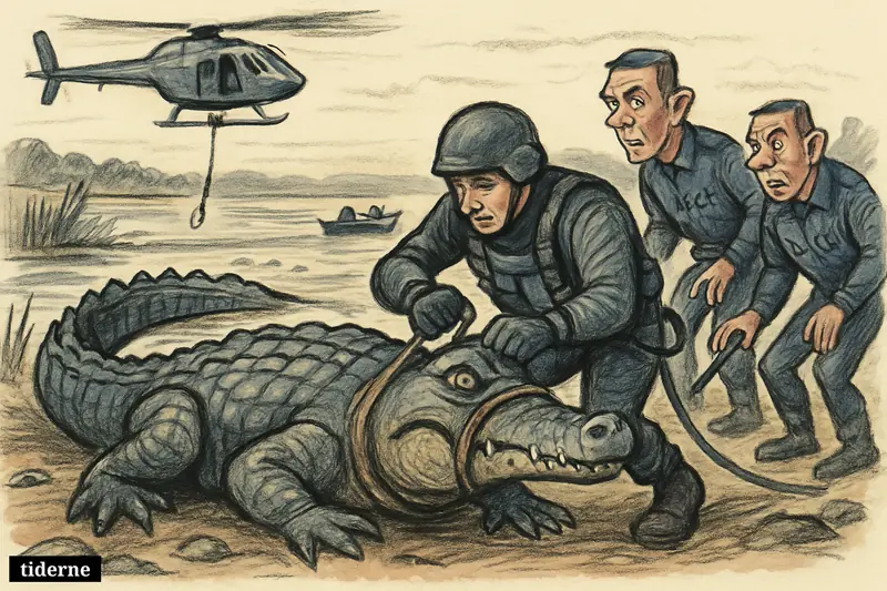 A giant restrained crocodile on a riverbank as police and a helicopter carry out a dangerous rescue operation in South Africa.