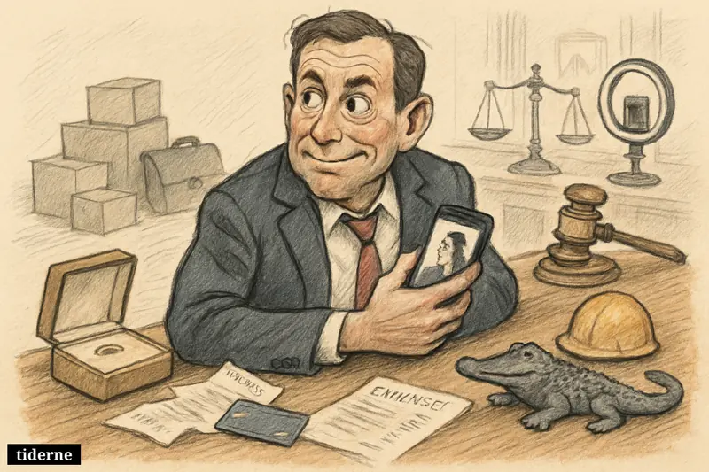 Caricature of Jacob Harris hiding a phone beside luxury purchases and crocodile-themed company props in a political scandal office scene.