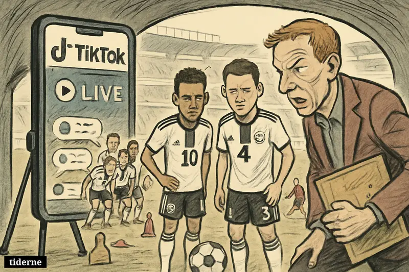 German football team huddles nervously by a giant TikTok phone in a stadium tunnel, with anxious stars, exposed defenders, and a worried coach.