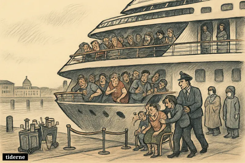 A cruise ship in Bordeaux keeps anxious passengers on deck while crew, medics, and blocked gangways suggest a contagious illness outbreak.