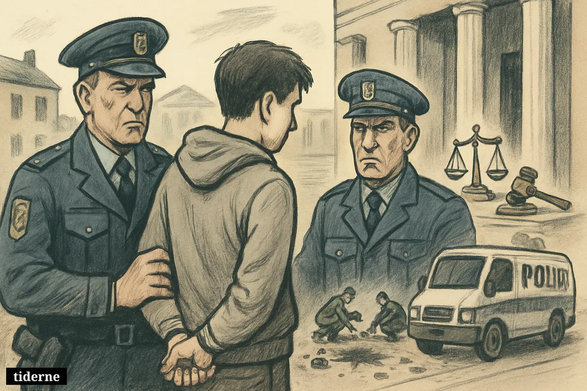 Police escort a young suspect outside a courthouse near blast damage, with legal symbols and investigators emphasizing a murder and detention case.