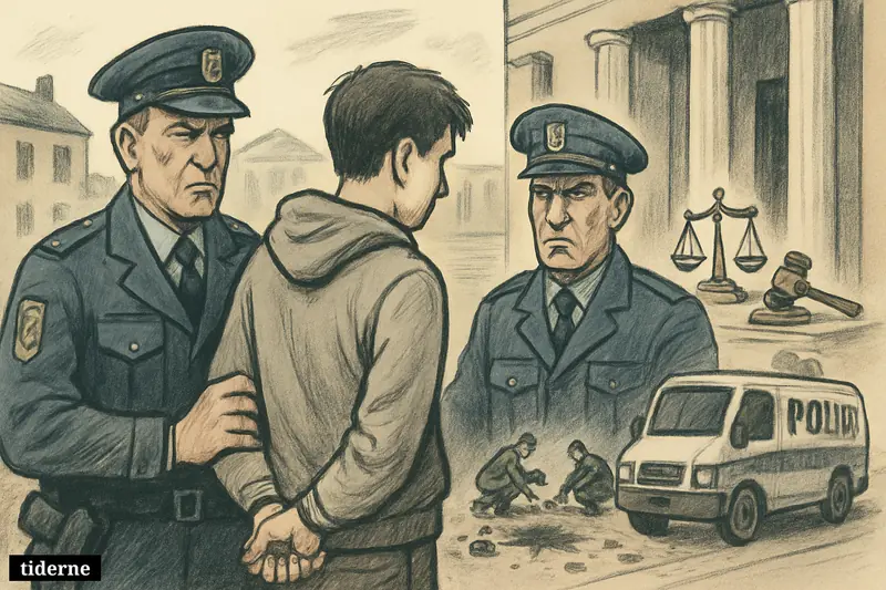 Police escort a young suspect outside a courthouse near blast damage, with legal symbols and investigators emphasizing a murder and detention case.