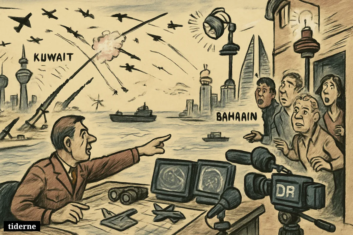 Caricature of Kuwait intercepting drones and missiles while Bahrain activates air alarms beside Gulf waters and a military command post.