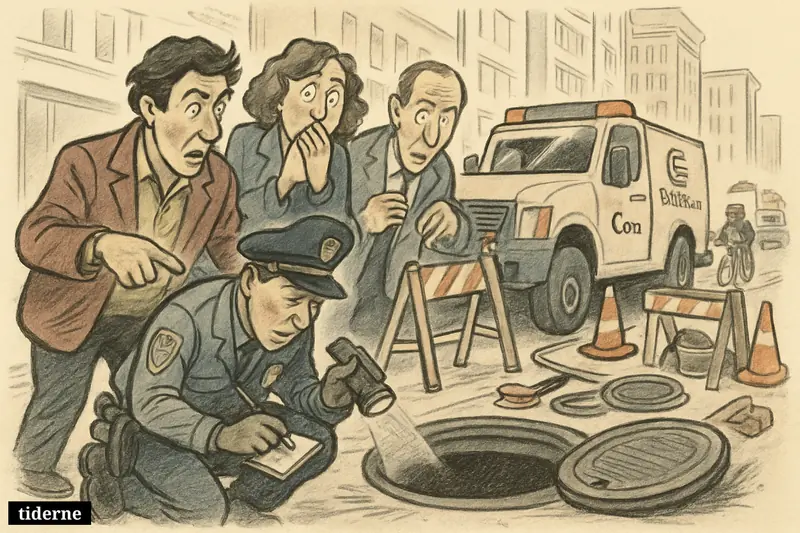 Open manhole on Fifth Avenue beside a utility truck, shocked pedestrians, and an officer inspecting the accident scene in Midtown Manhattan.