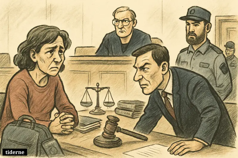 A tense courtroom caricature shows a worried woman, a prosecutor, police officers, and a judge during a detention hearing tied to deportation.