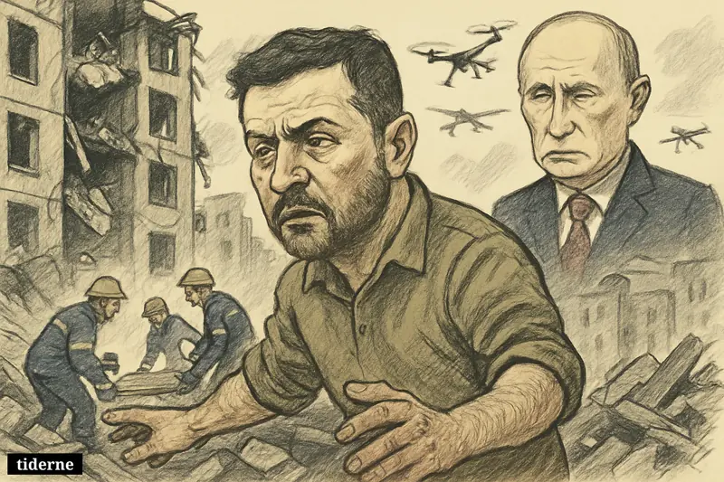 Zelenskyj stands before Kyiv rubble as rescuers search for victims, while Putin looms in the distance amid descending drones and damaged buildings.