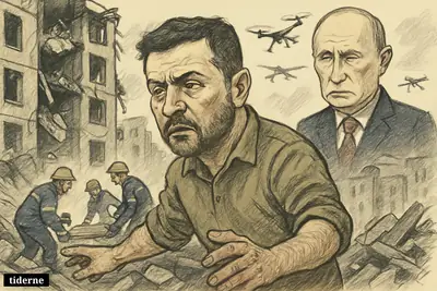 Zelenskyj stands before Kyiv rubble as rescuers search for victims, while Putin looms in the distance amid descending drones and damaged buildings.