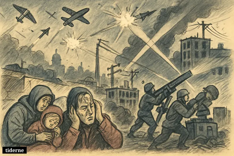 Civilians shelter near a Kyiv metro entrance as drones and missiles descend overhead and air-defense crews respond beside damaged power equipment.