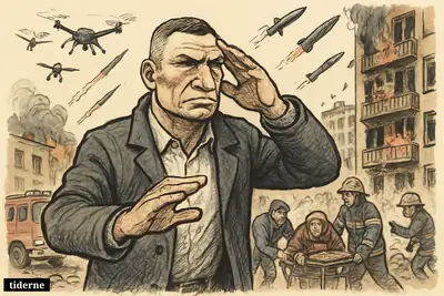 Caricature of Vitali Klitschko directing rescue efforts on a ruined Kyiv street as drones and missiles strike damaged apartment buildings overhead.