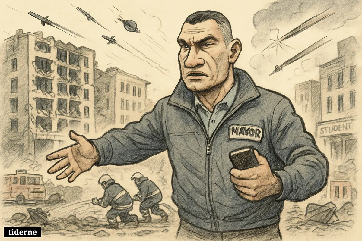 Caricature of Kyiv mayor Vitalij Klitsjko directing emergency crews on a bombed city street with damaged buildings, drones, missiles, and air defense bursts overhead. (AI-genereret illustration)