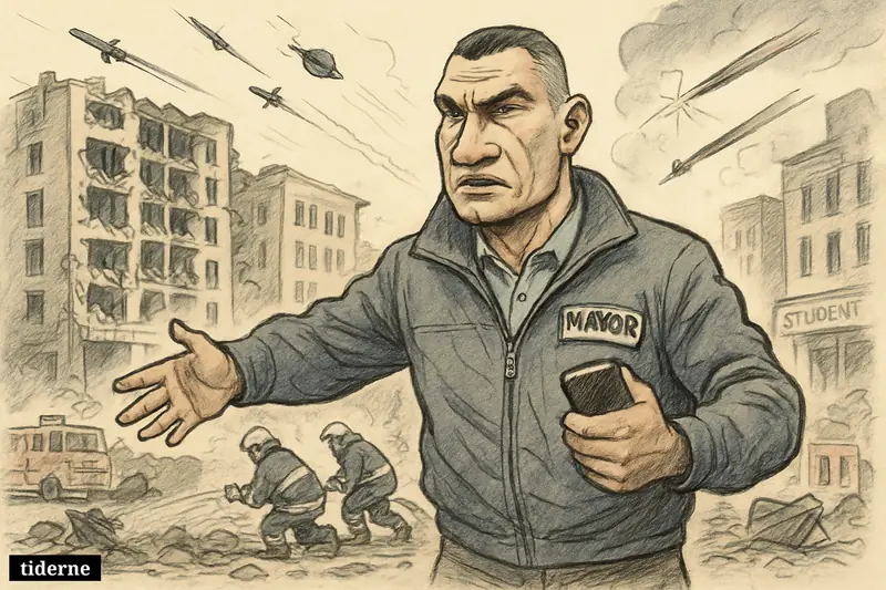 Caricature of Kyiv mayor Vitalij Klitsjko directing emergency crews on a bombed city street with damaged buildings, drones, missiles, and air defense bursts overhead. (AI-genereret illustration)
