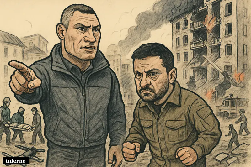 Caricatures of Klitschko and Zelenskyj stand before a collapsed Kyiv apartment block as rescuers, flames, debris, and drone wreckage surround them.
