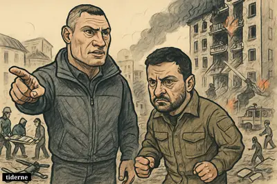 Caricatures of Klitschko and Zelenskyj stand before a collapsed Kyiv apartment block as rescuers, flames, debris, and drone wreckage surround them.