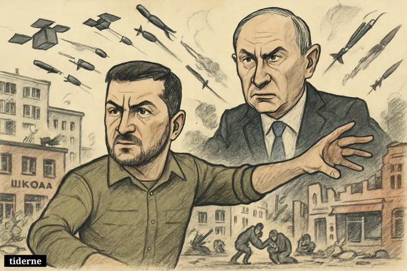 Caricatures of Zelenskyj defending Kyiv as Putin looms behind, directing drones and missiles over damaged homes, shops, a school, and civilians.