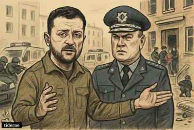 Zelenskyj and Interior Minister Klymenko stand grimly on a Kyiv street as police secure a hostage crisis scene outside an apartment building.