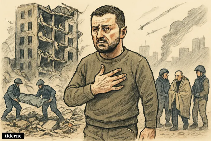 Caricature of Volodymyr Zelenskyj grieving before a destroyed Kyiv apartment block as rescuers work and a prisoner exchange unfolds nearby.