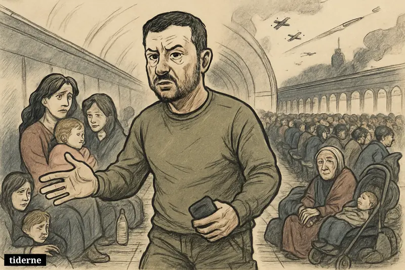 Zelenskyj stands protectively in a crowded Kyiv metro shelter as families huddle with belongings during drone and missile attacks.
