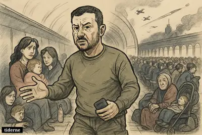 Zelenskyj stands protectively in a crowded Kyiv metro shelter as families huddle with belongings during drone and missile attacks.