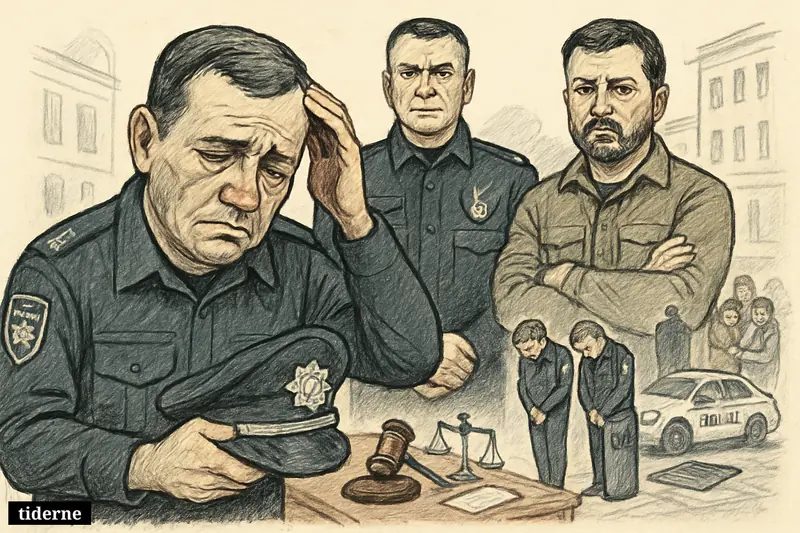 Caricature of Jevhen Zjukov stepping down as police leaders look on, with disgraced officers, civilians, and justice symbols in Kyiv.