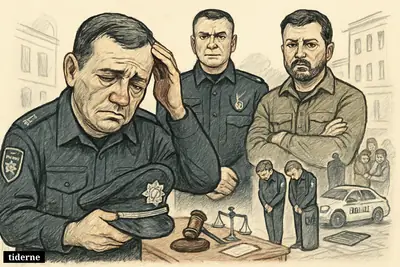 Caricature of Jevhen Zjukov stepping down as police leaders look on, with disgraced officers, civilians, and justice symbols in Kyiv.