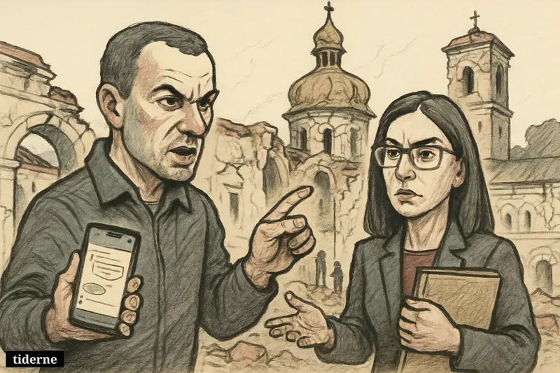 Tkachenko and Svyrydenko survey damage at Kyiv Pechersk Lavra, pointing at cracked cathedral walls and broken monastery fortifications.