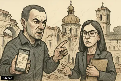 Tkachenko and Svyrydenko survey damage at Kyiv Pechersk Lavra, pointing at cracked cathedral walls and broken monastery fortifications.