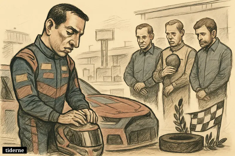 A memorial caricature of Kyle Busch by a stock car, with fellow NASCAR drivers standing behind him in quiet tribute.