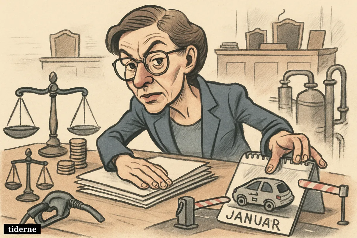 Caricature of Ane Halsboe-Jørgensen at a government desk delaying an electric car beside tax props, scales, coins, and carbon-capture equipment.
