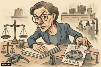 Caricature of Ane Halsboe-Jørgensen at a government desk delaying an electric car beside tax props, scales, coins, and carbon-capture equipment.