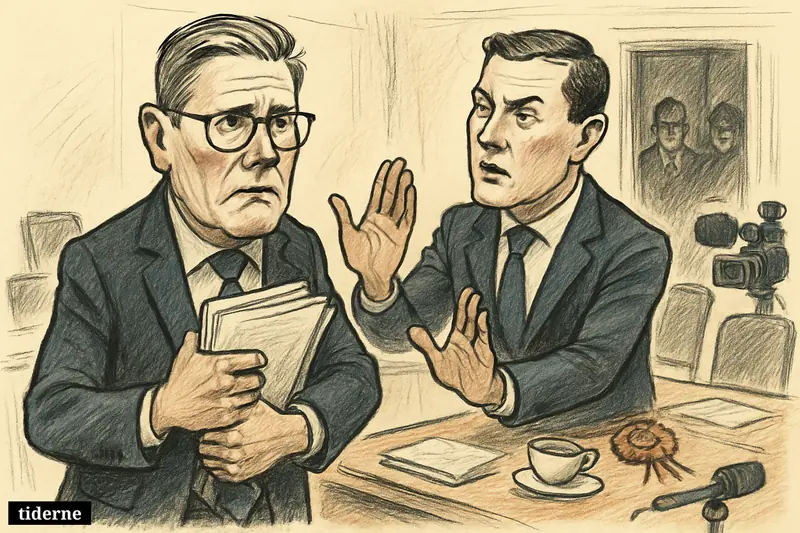 Keir Starmer and Wes Streeting in a tense briefing room, with slipping papers, scattered folders, and signs of a public political crisis.