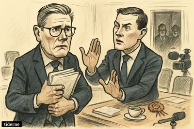 Keir Starmer and Wes Streeting in a tense briefing room, with slipping papers, scattered folders, and signs of a public political crisis.