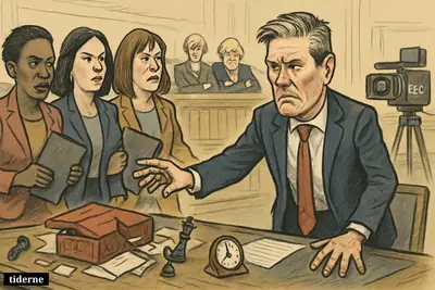 Keir Starmer faces three departing ministers in a tense cabinet room while former British leaders look on and political props signal crisis.