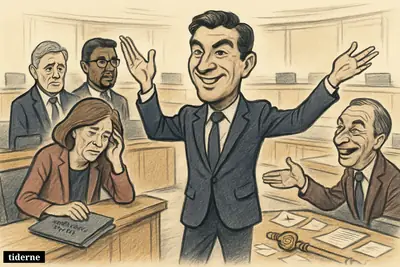 Caricature of Welsh political leaders in the Senedd chamber after a dramatic election, with Rhun ap Iorwerth triumphant and Labour figures dejected.