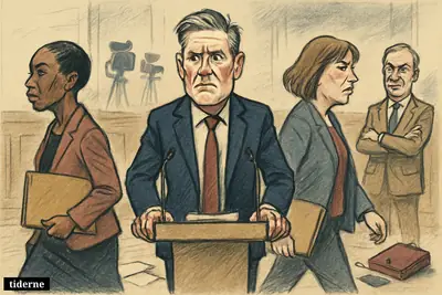 Keir Starmer looks cornered at a press podium as three Labour ministers walk away and Nigel Farage watches with satisfaction.