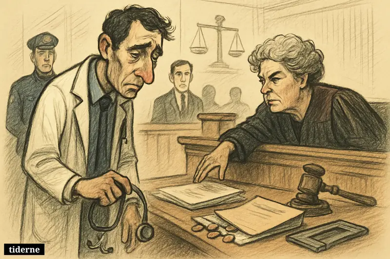 A caricature doctor in court looks defeated as a judge strips his practice rights, with police, files, coins, and legal symbols nearby.
