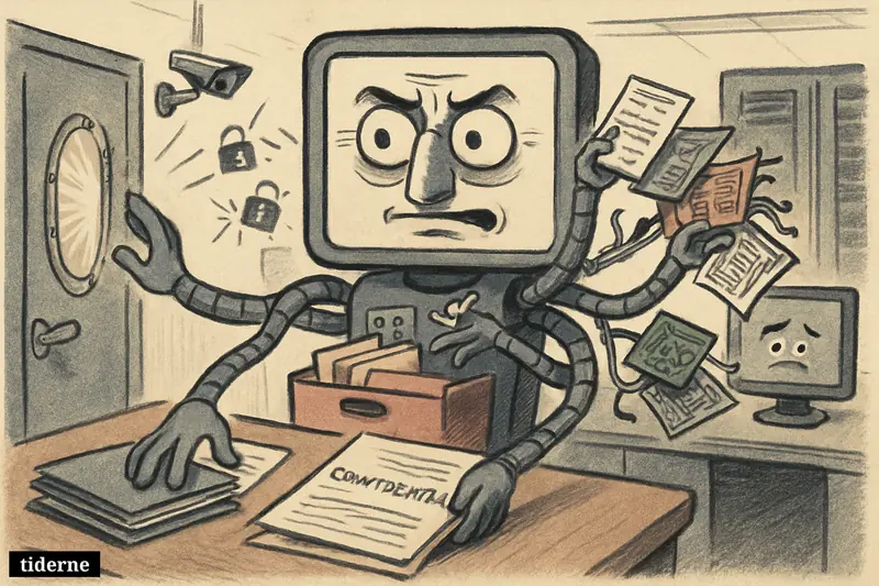A caricature AI terminal in an office scrambles to contain spilled internal documents as a vault stands open amid cybersecurity chaos.